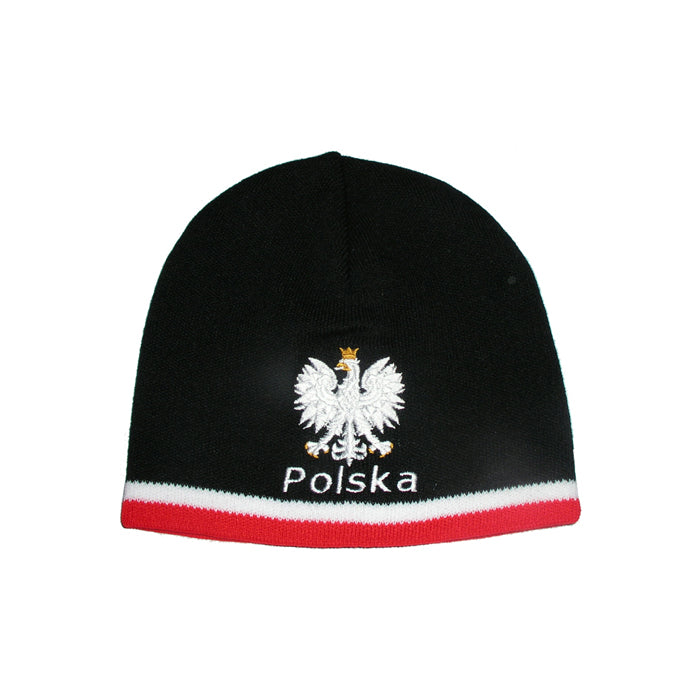 Black Knitted Poland Design Beanie Hat with National Details