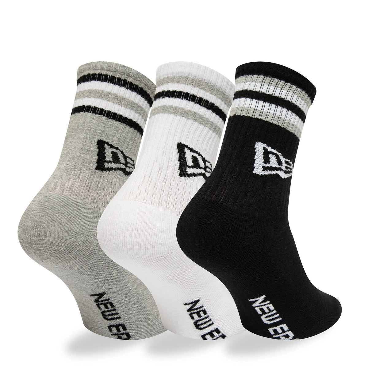 New Era Retro Stripe 3 Pack Crew Black, Grey and White Socks-zelvios