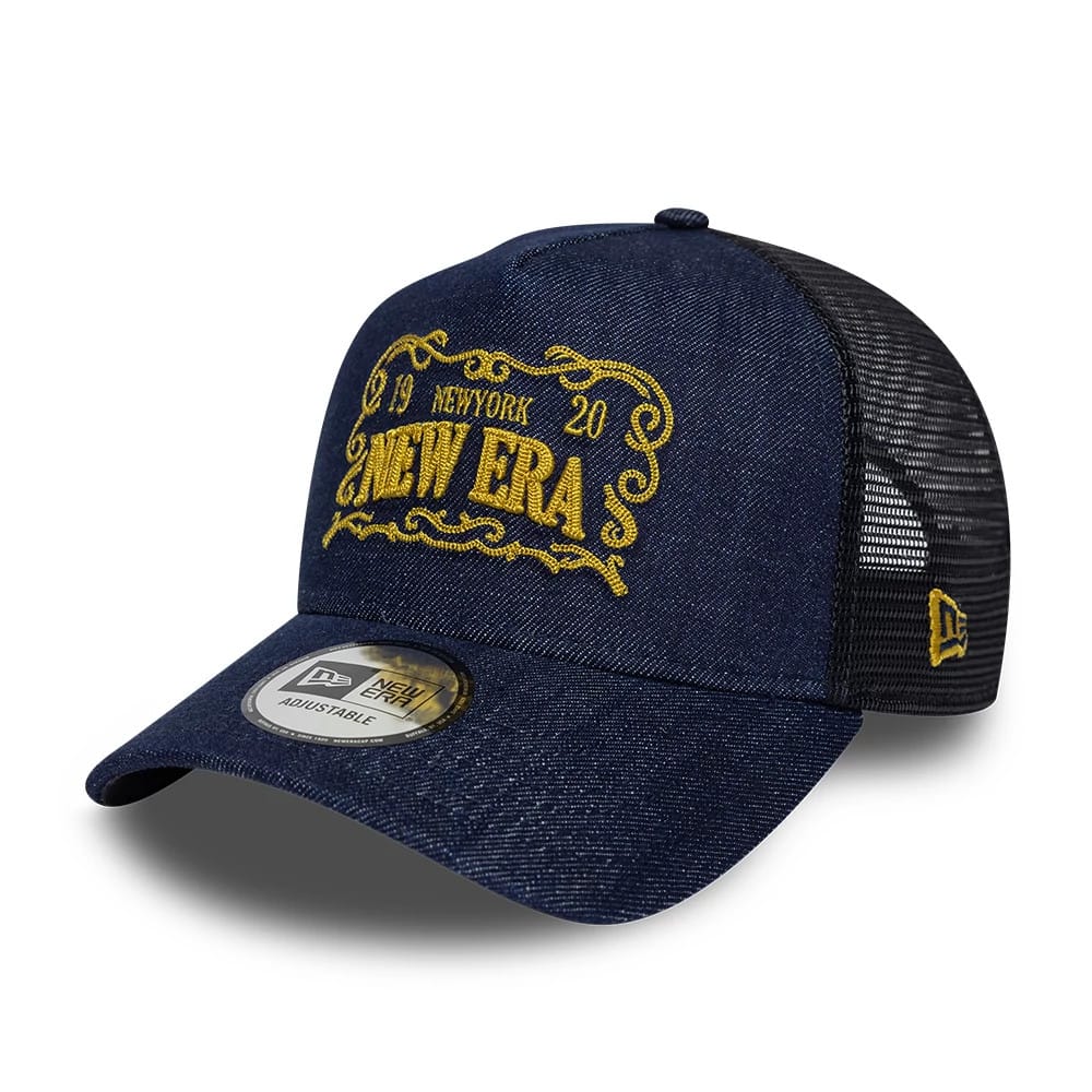 New Era Frame Logo Navy 9FORTY A-Frame Trucker Adjustable Cap-zelvios