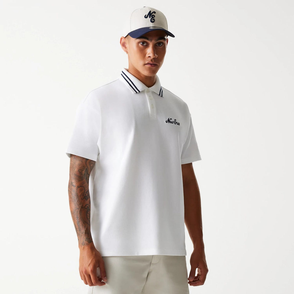 New Era Drop Shoulder White Polo Shirt-zelvios
