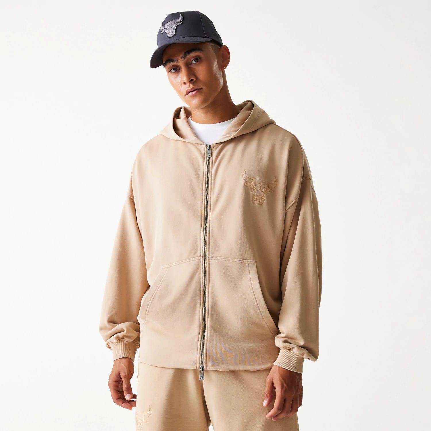 Chicago Bulls NBA Washed Beige Full Zip Hoodie-kentox