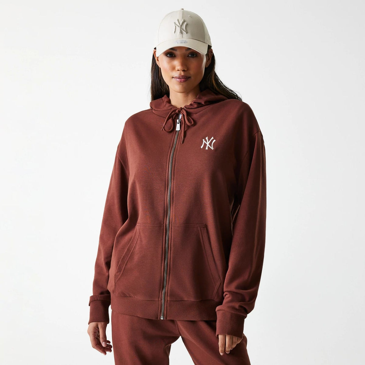 New York Yankees MLB Midi League Essential Brown Oversized Full Zip Hoodie-zelvios