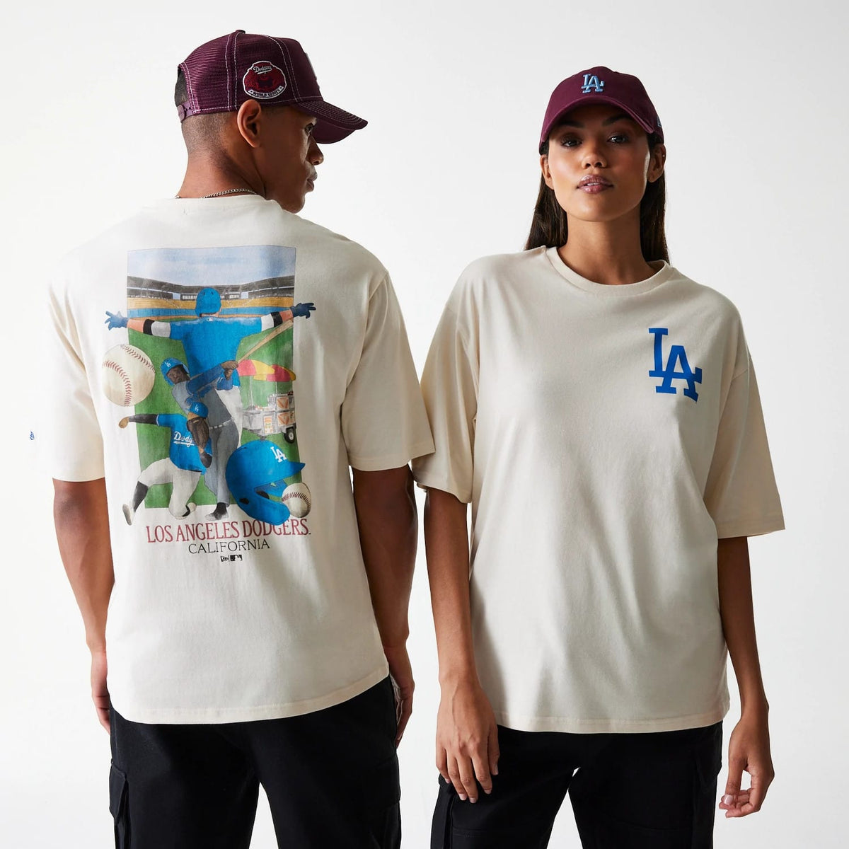 LA Dodgers MLB Baseball Graphic Light Beige Oversized T-Shirt-zelvios