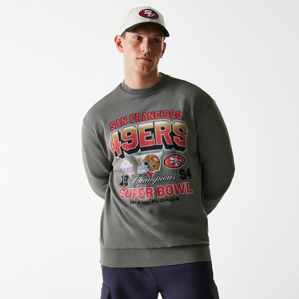 San Francisco 49ers NFL Washed Super Bowl Grey Oversized Crew Neck Sweater-zelvios