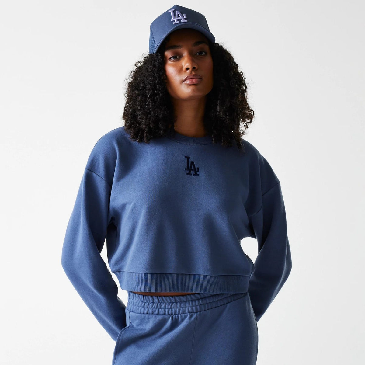 LA Dodgers Womens MLB Midi League Essential Dark Blue Cropped Crew Neck Sweater-zelvios