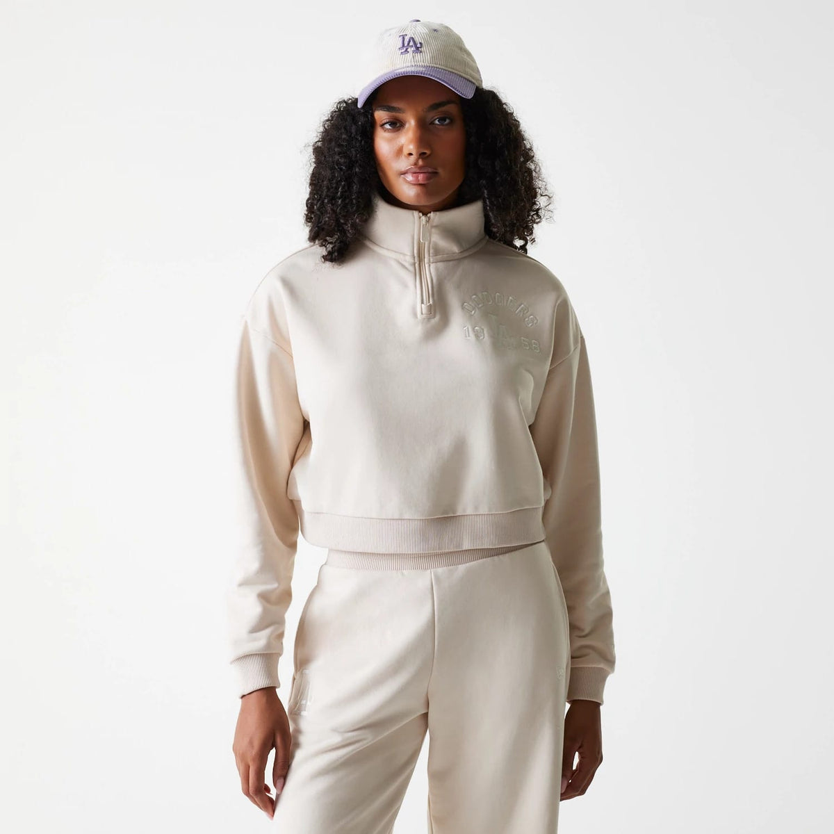 LA Dodgers Womens MLB Tonal Light Beige Cropped 1/4 Zip Sweater-zelvios