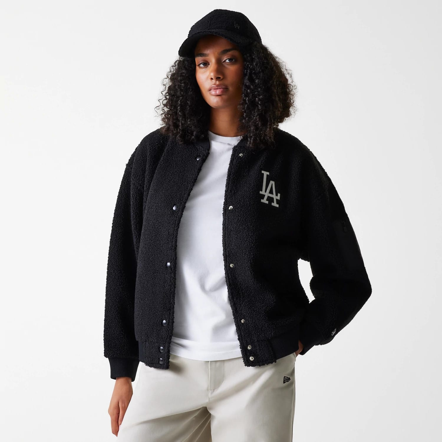 LA Dodgers Womens MLB Black Oversized Sherpa Bomber Jacket-kentox