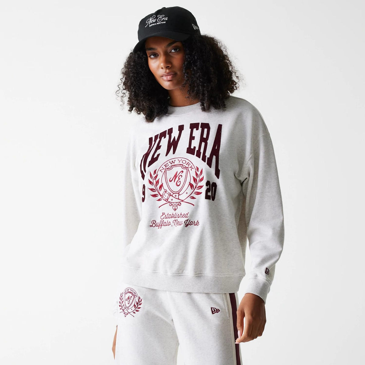 Womens New Era Crest Graphic Pastel Grey Crew Neck Sweater-zelvios