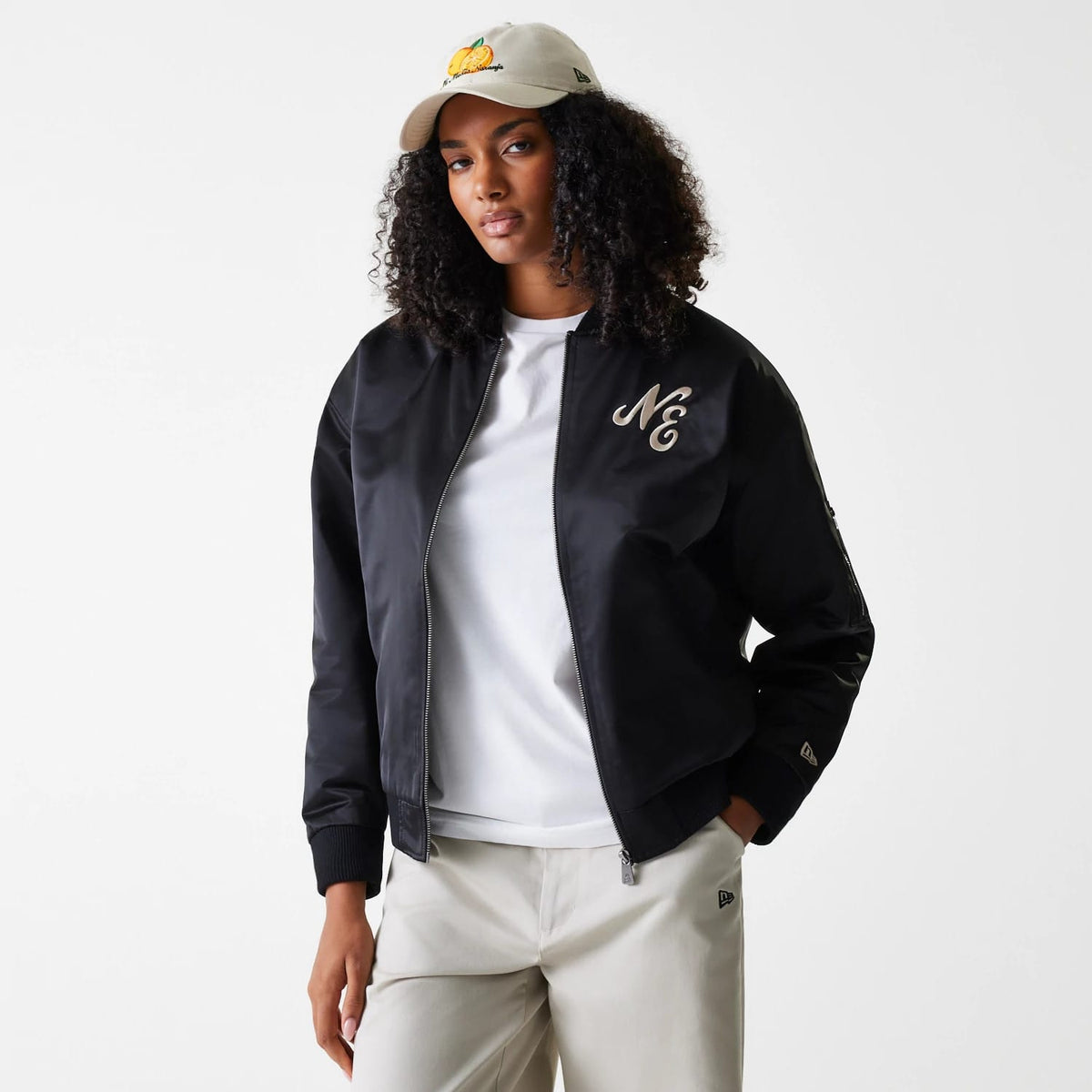 Womens New Era Black Satin Bomber Jacket-zelvios