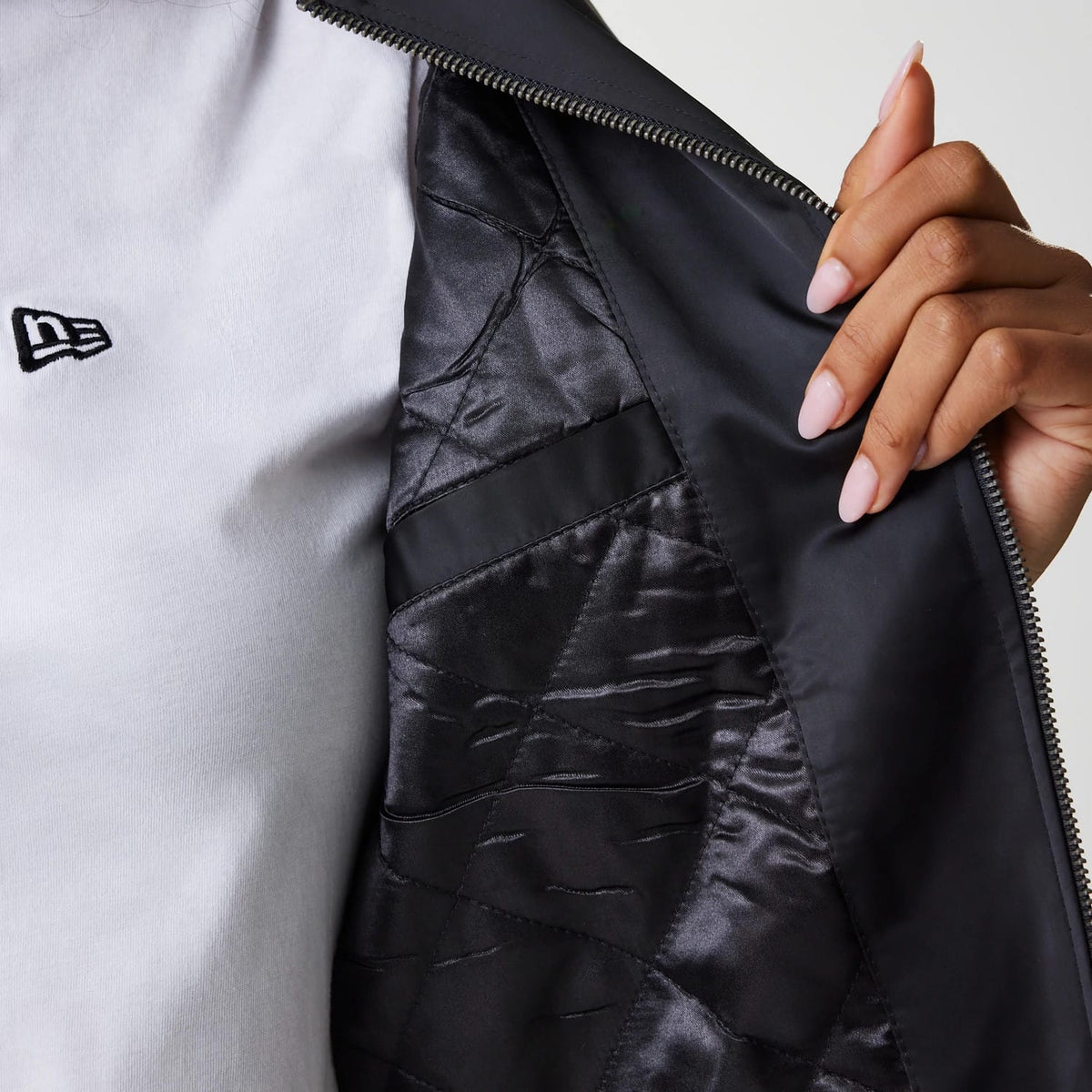 Womens New Era Black Satin Bomber Jacket-zelvios