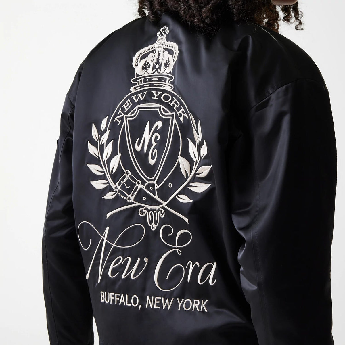 Womens New Era Black Satin Bomber Jacket-zelvios