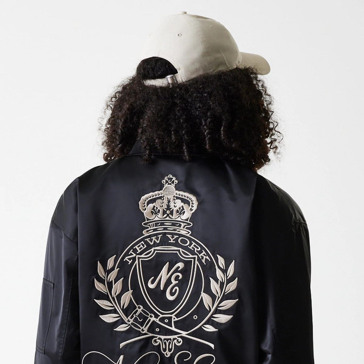 Womens New Era Black Satin Bomber Jacket-zelvios