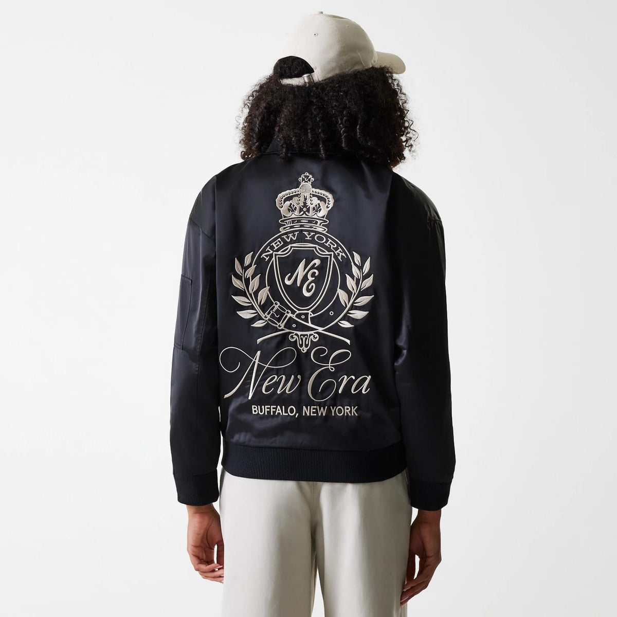 Womens New Era Black Satin Bomber Jacket-zelvios