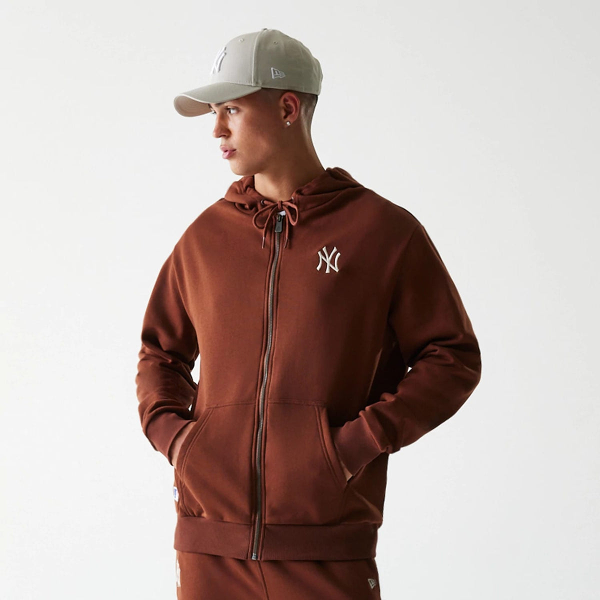 New York Yankees MLB Midi League Essential Brushed Fleece Brown Oversized Full Zip Hoodie-zelvios