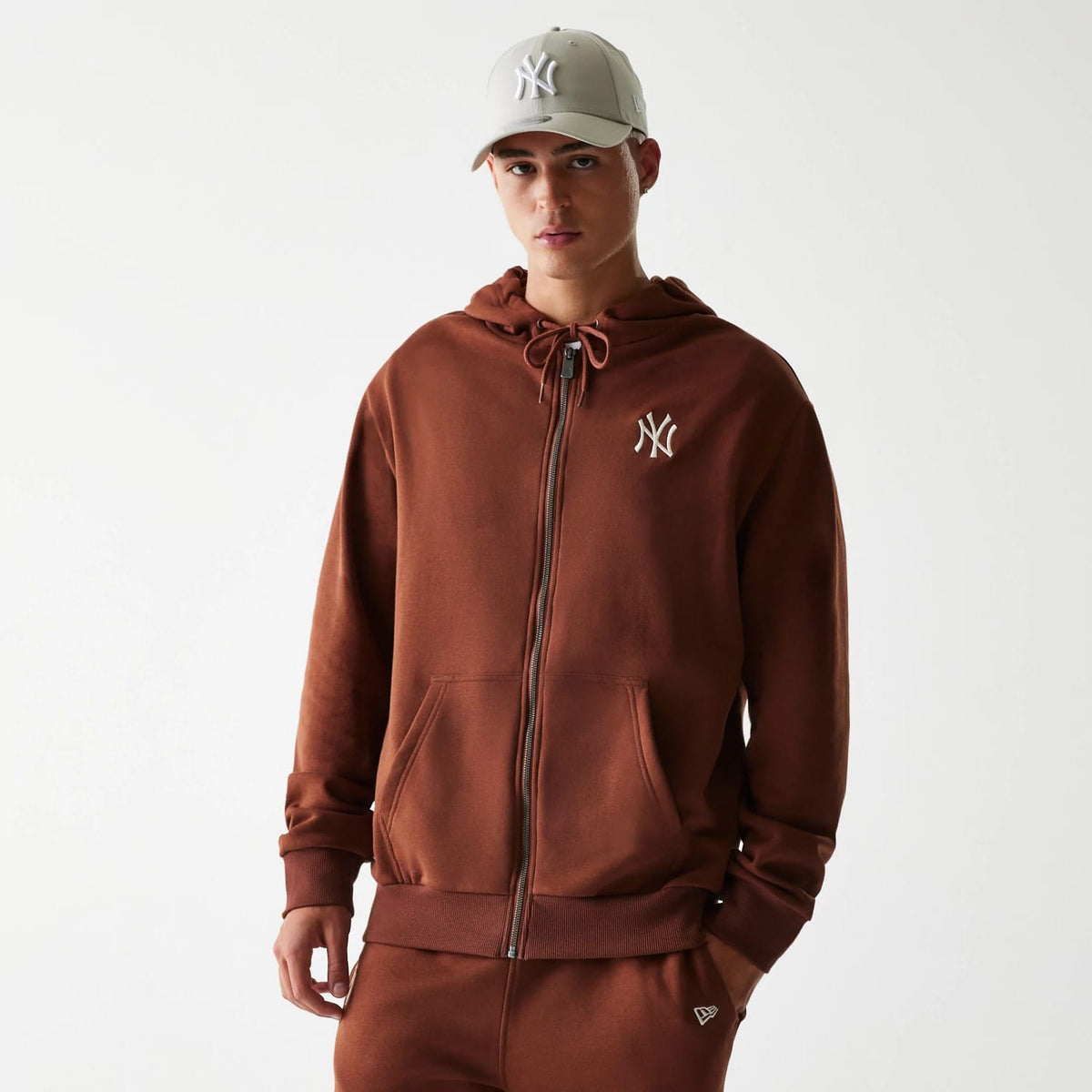 New York Yankees MLB Midi League Essential Brushed Fleece Brown Oversized Full Zip Hoodie-zelvios