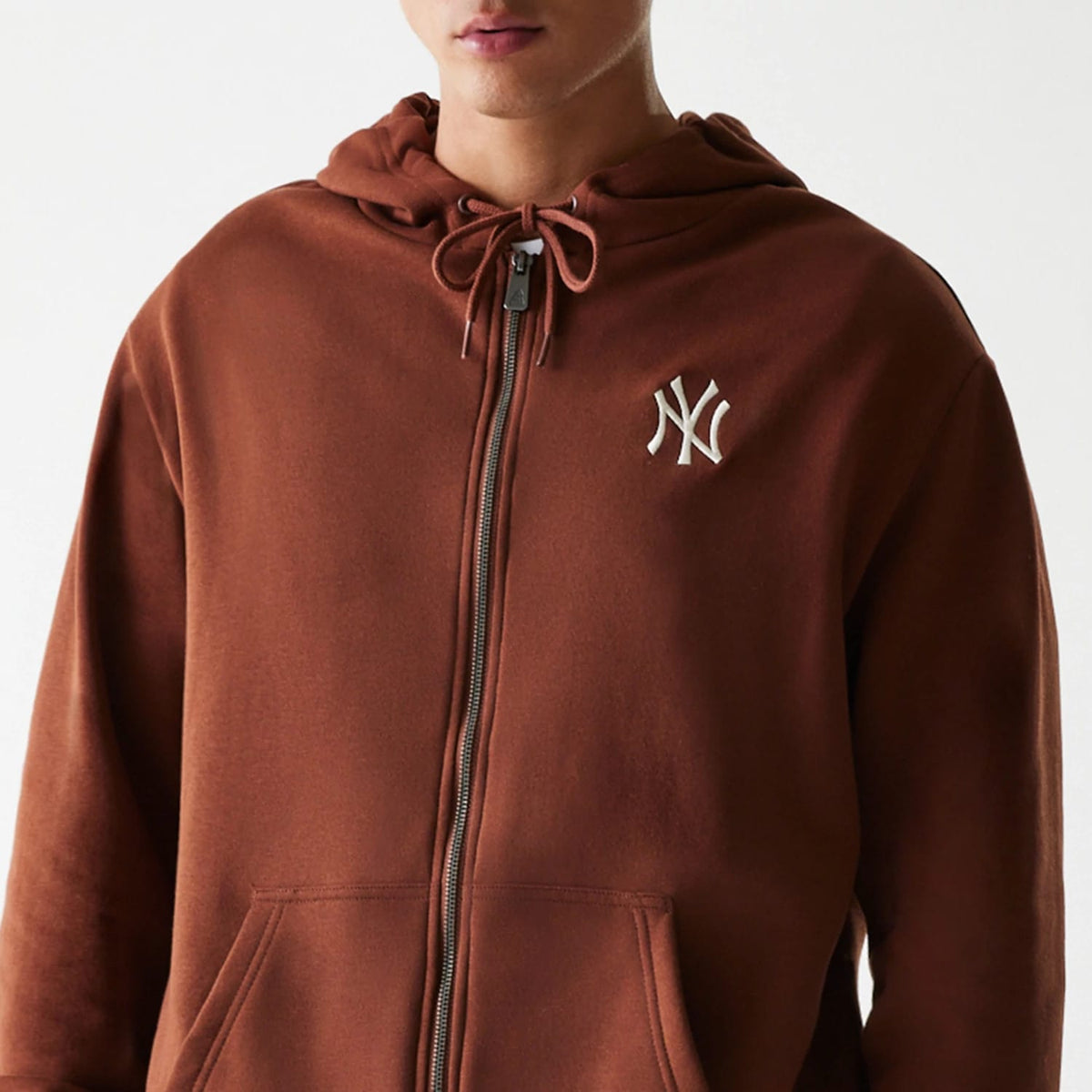 New York Yankees MLB Midi League Essential Brushed Fleece Brown Oversized Full Zip Hoodie-zelvios