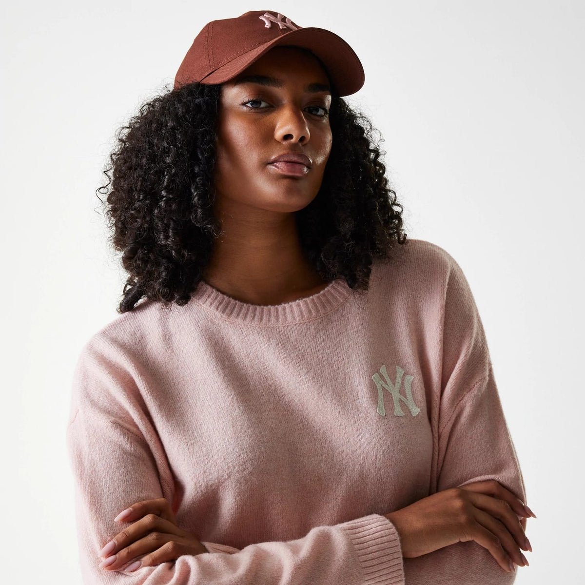 New York Yankees Womens MLB Knit Pastel Pink Crew Neck Sweater-zelvios