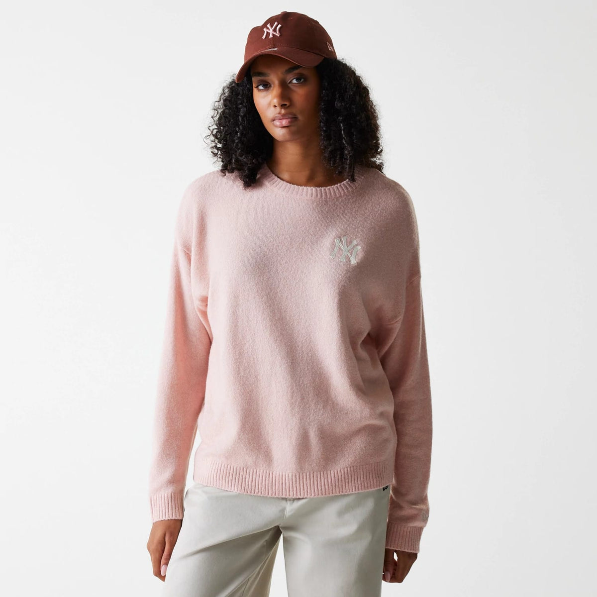 New York Yankees Womens MLB Knit Pastel Pink Crew Neck Sweater-zelvios