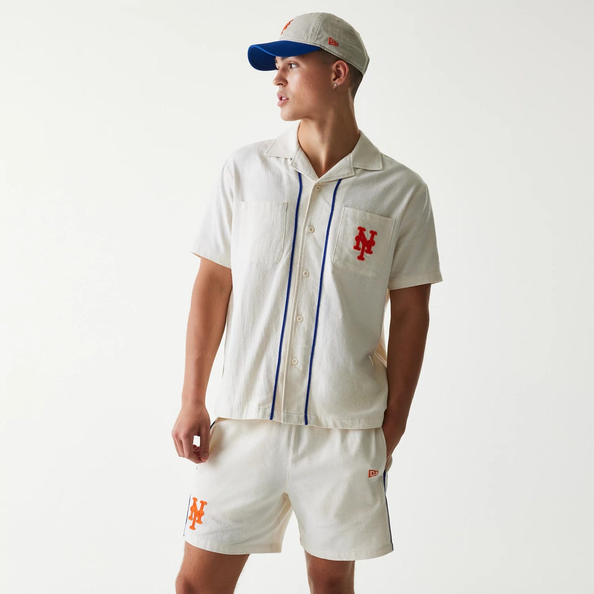 New York Mets MLB Piping Open Cream Short Sleeve Shirt-zelvios
