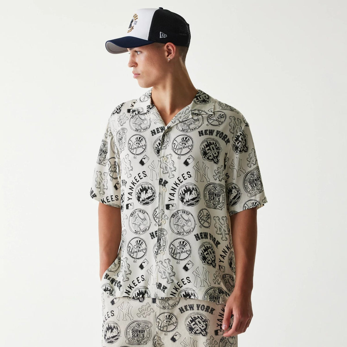 MLB Subway Series All Over Print Open White Short Sleeve Shirt-zelvios