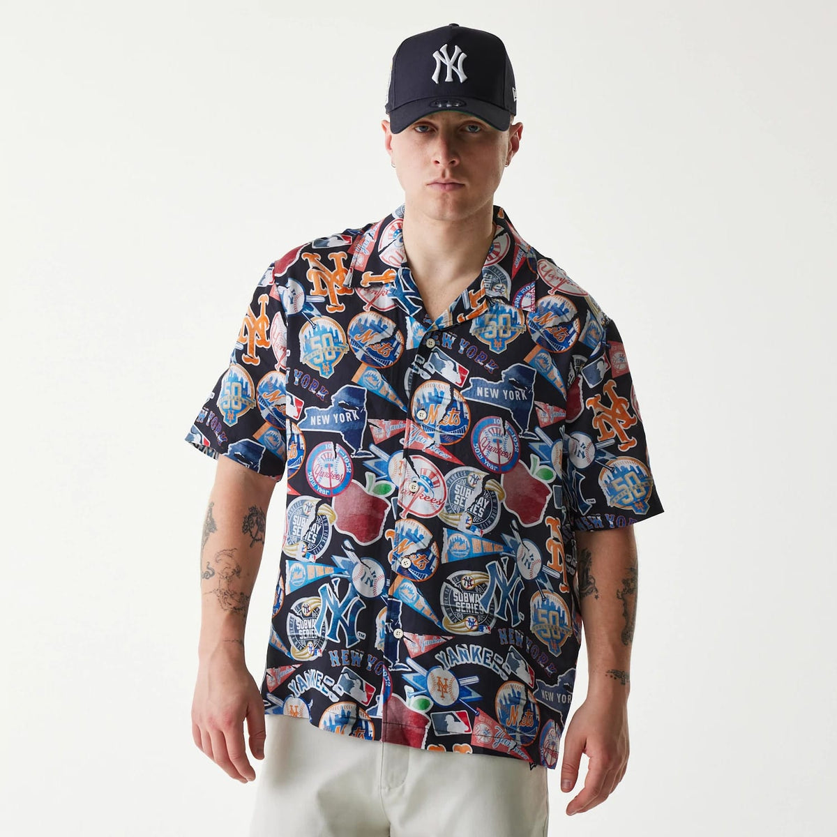 MLB Subway Series All Over Print Navy Short Sleeve Shirt-zelvios