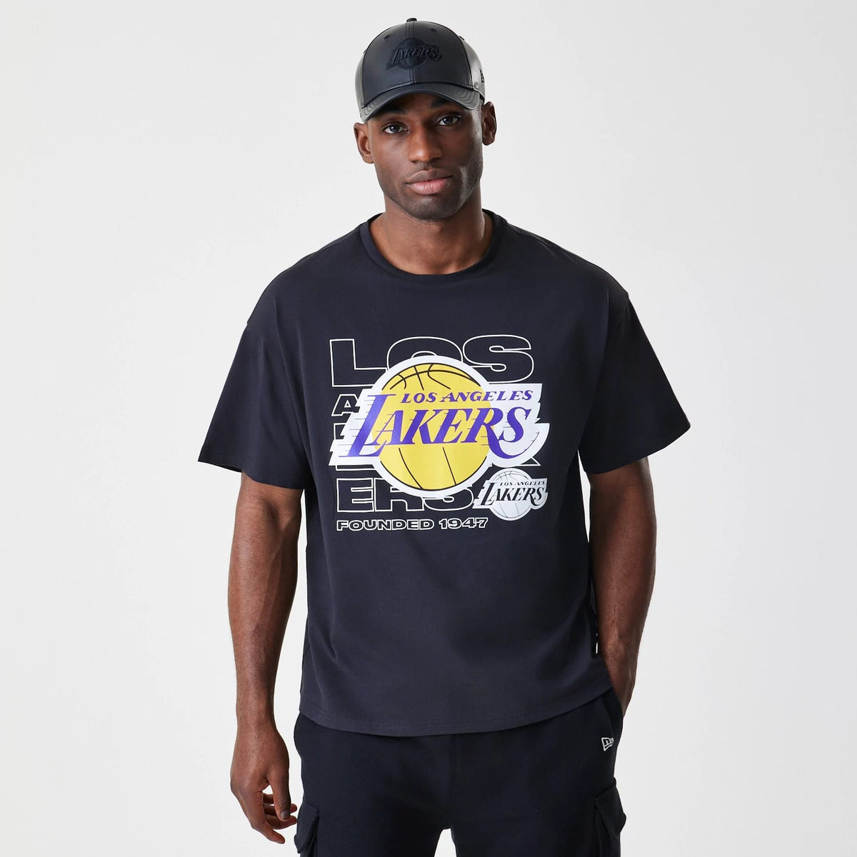 LA Lakers NBA Outline Graphic Navy Oversized T-Shirt-zelvios