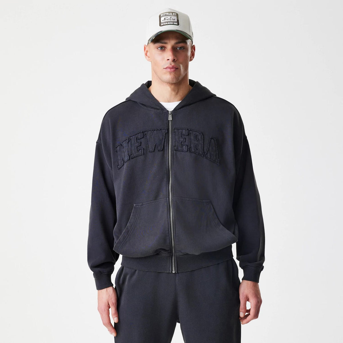 New Era Washed Black Oversized Full Zip Hoodie-zelvios