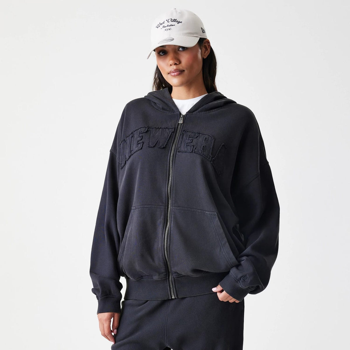 New Era Washed Black Oversized Full Zip Hoodie-zelvios
