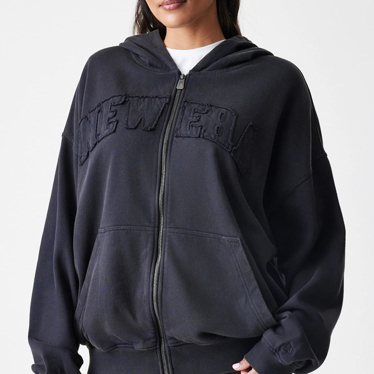 New Era Washed Black Oversized Full Zip Hoodie-zelvios