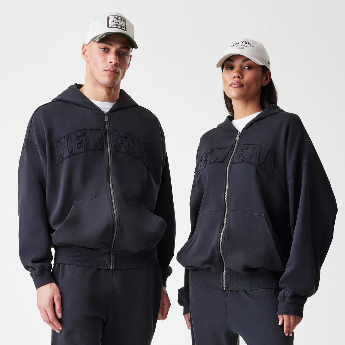 New Era Washed Black Oversized Full Zip Hoodie-zelvios