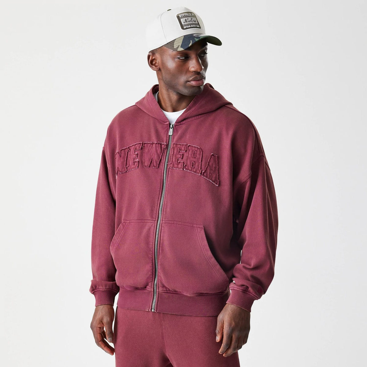 New Era Washed Dark Red Oversized Full Zip Hoodie-zelvios