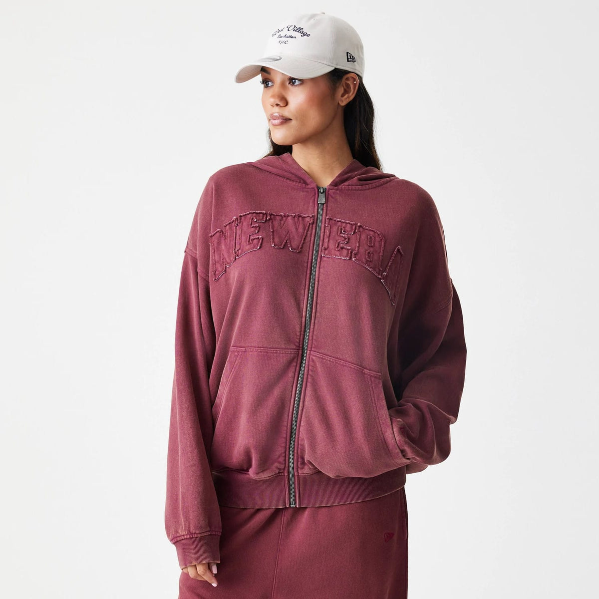 New Era Washed Dark Red Oversized Full Zip Hoodie-zelvios
