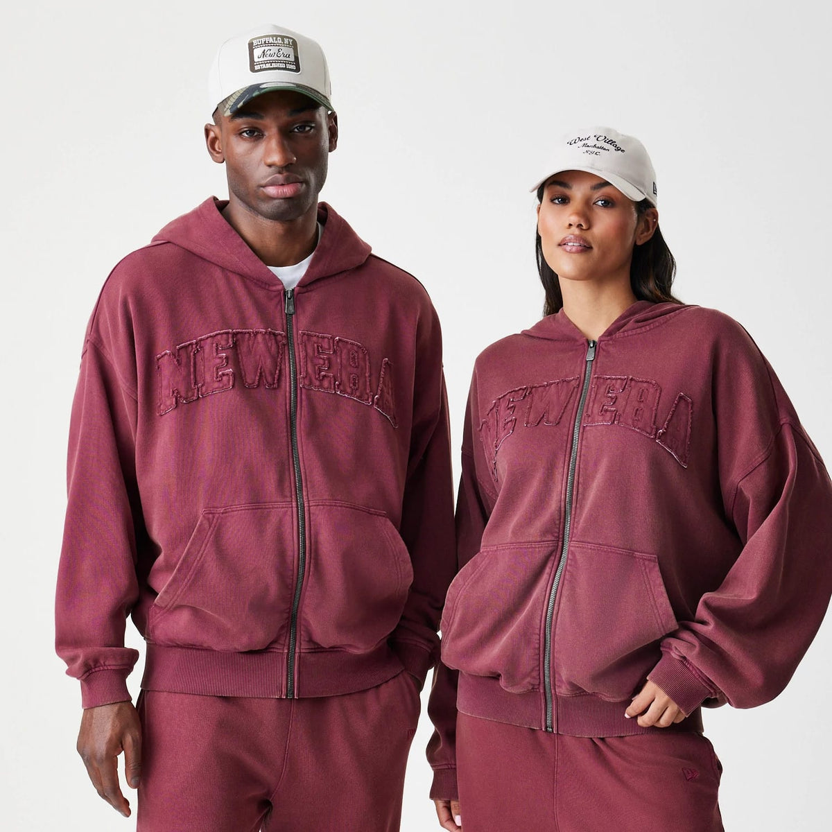 New Era Washed Dark Red Oversized Full Zip Hoodie-zelvios