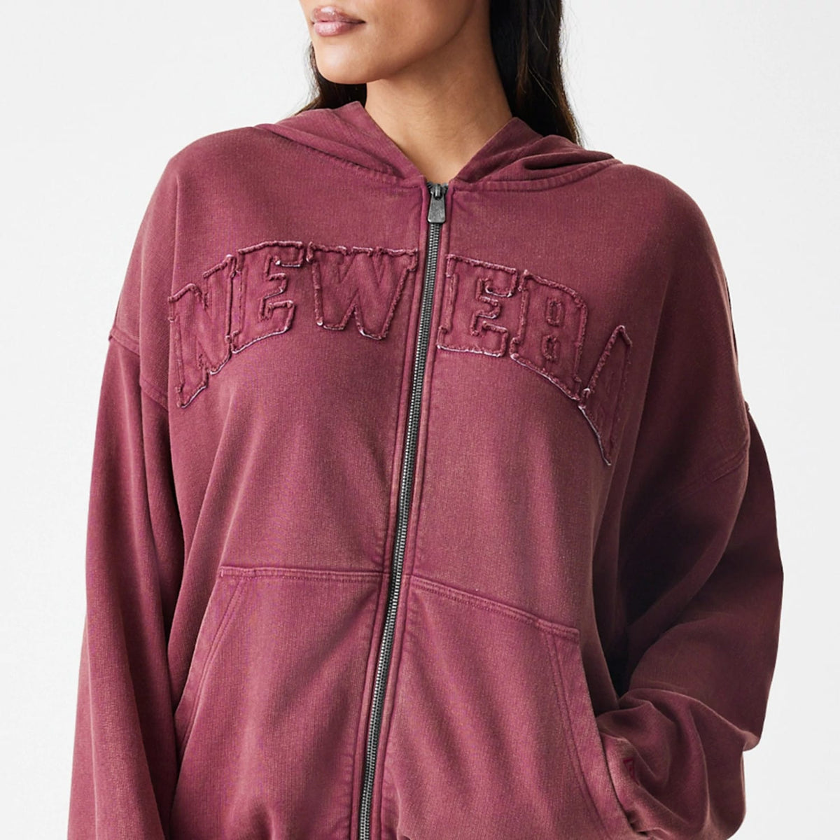 New Era Washed Dark Red Oversized Full Zip Hoodie-zelvios