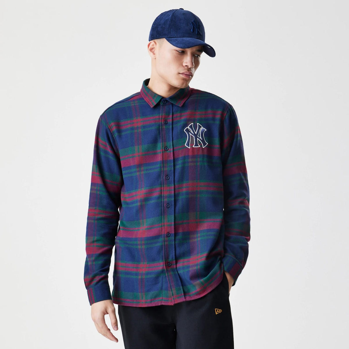New York Yankees MLB Check Navy Long Sleeve Shirt-zelvios