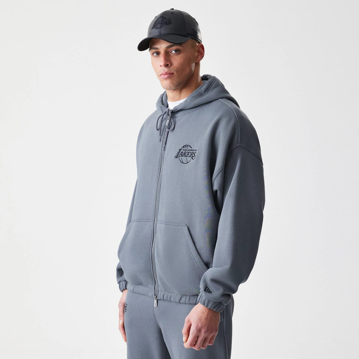 LA Lakers NBA Linear Dark Grey Oversized Full Zip Hoodie-zelvios