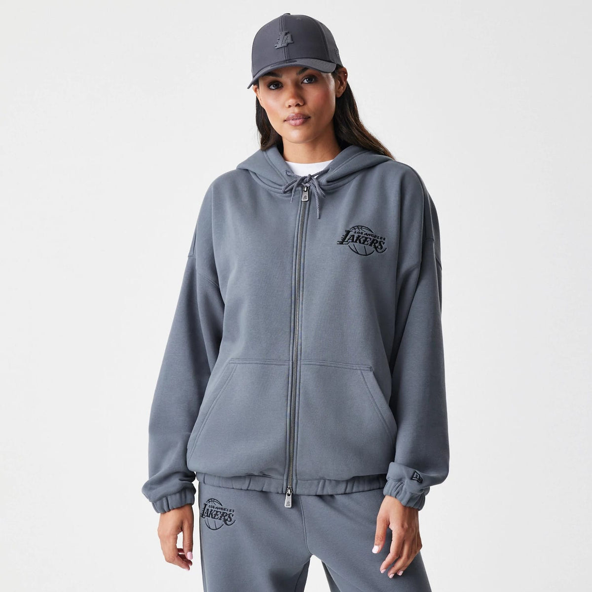 LA Lakers NBA Linear Dark Grey Oversized Full Zip Hoodie-zelvios
