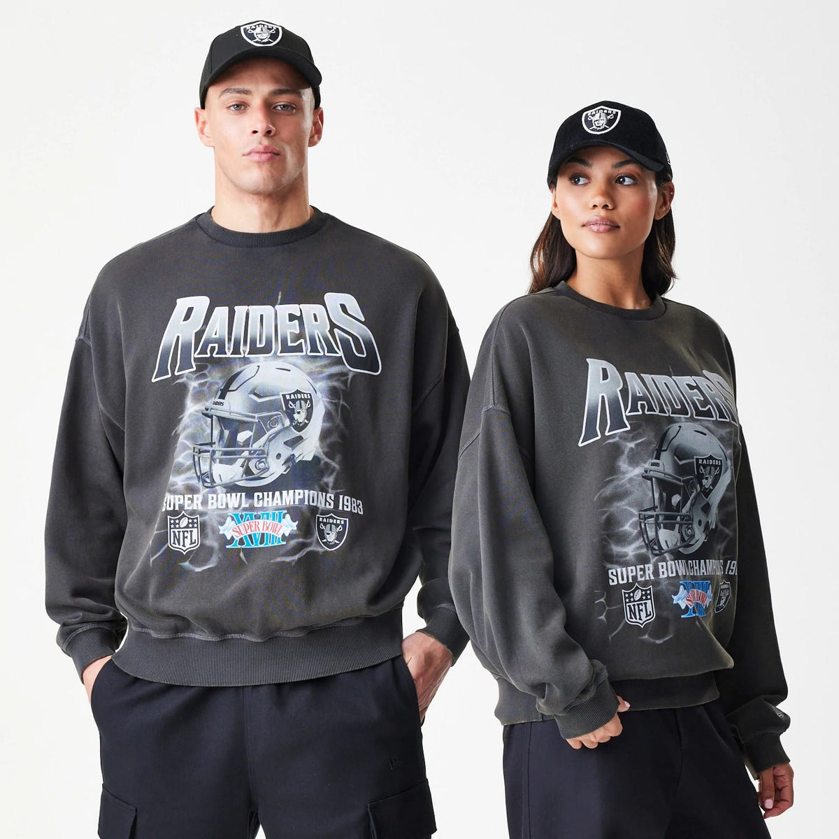 Las Vegas Raiders NFL Washed Boxy Dark Grey Oversized Crew Neck Sweater-zelvios