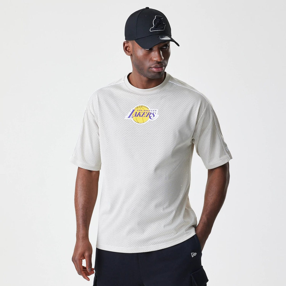 LA Lakers NBA Piping Light Beige Oversized Mesh T-Shirt-zelvios