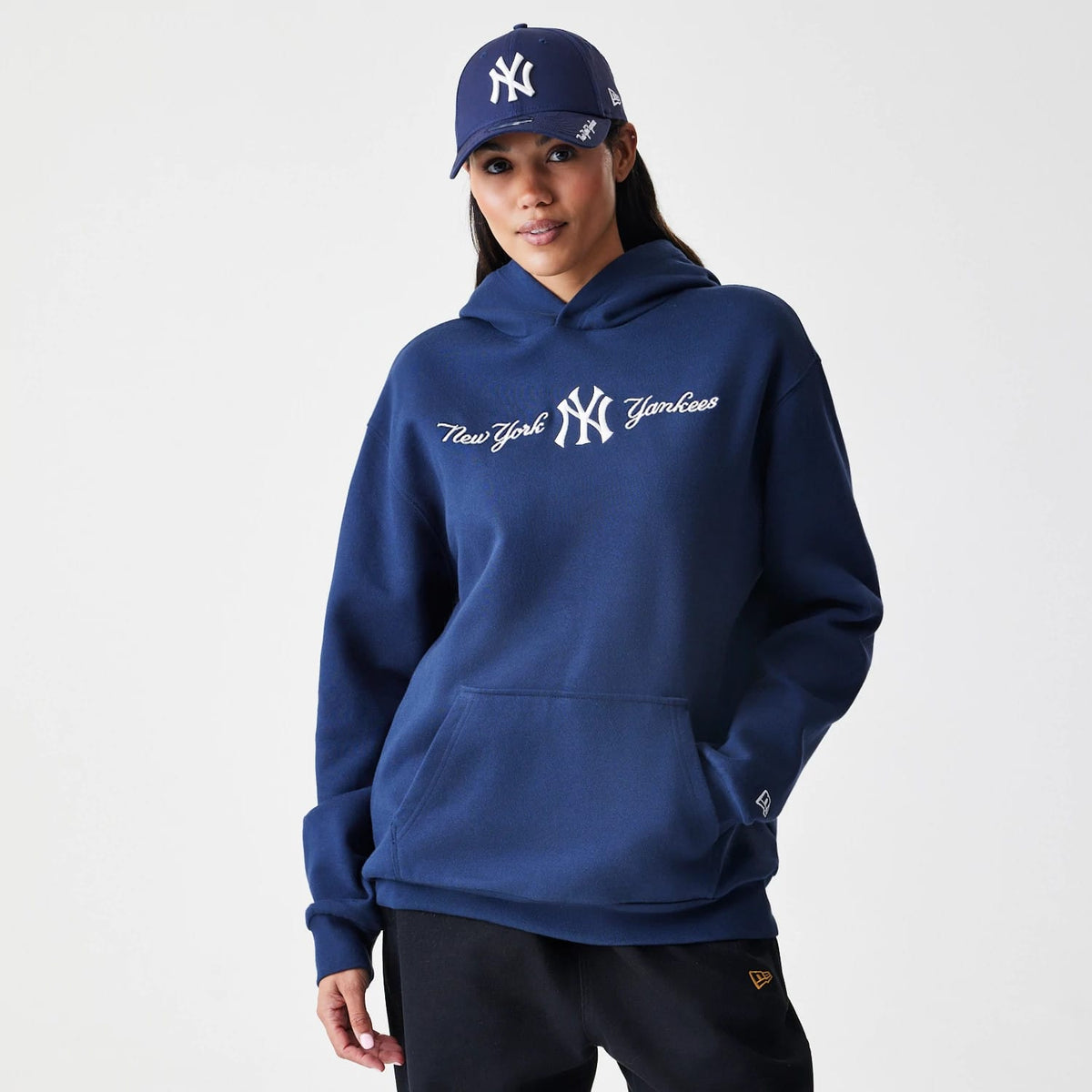 New York Yankees MLB Script Navy Oversized Pullover Hoodie-zelvios