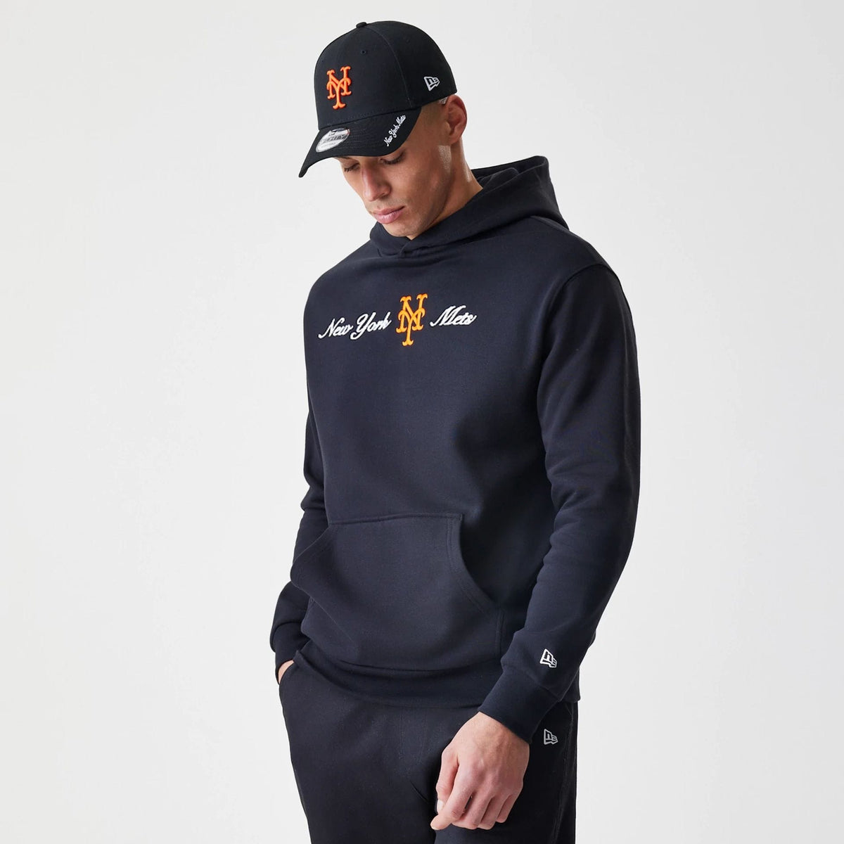 New York Mets MLB Script Black Oversized Pullover Hoodie-zelvios