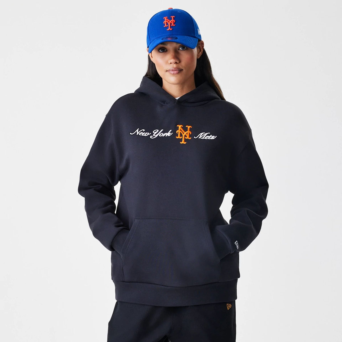 New York Mets MLB Script Black Oversized Pullover Hoodie-zelvios