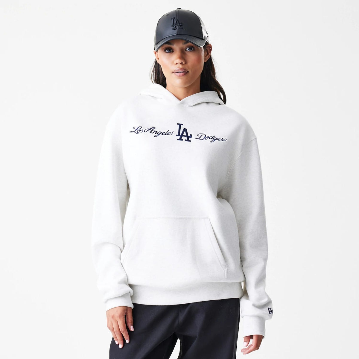 LA Dodgers MLB Script White Oversized Pullover Hoodie-zelvios