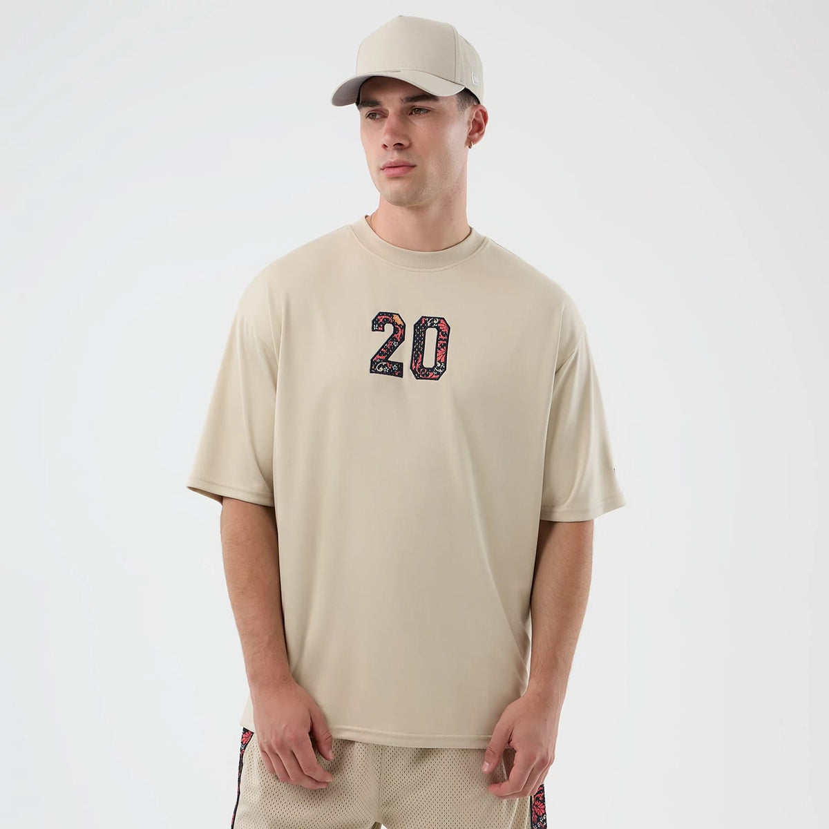 New Era Mesh Infill Light Beige Oversized T-Shirt-zelvios