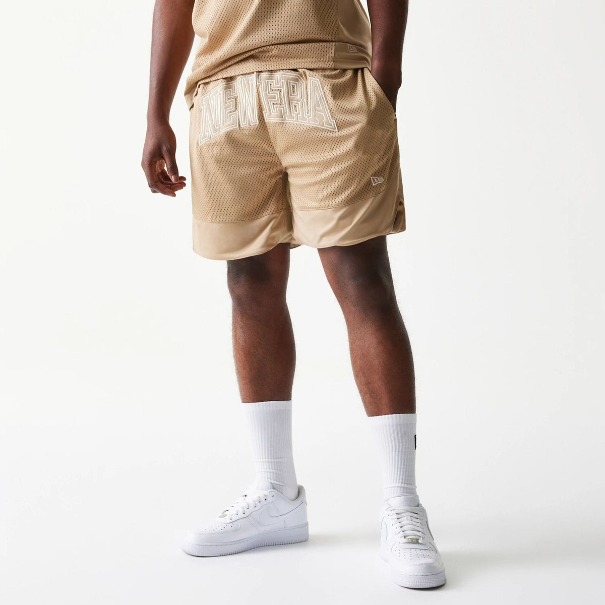 New Era Mesh Graphic Light Beige Oversized Shorts-zelvios