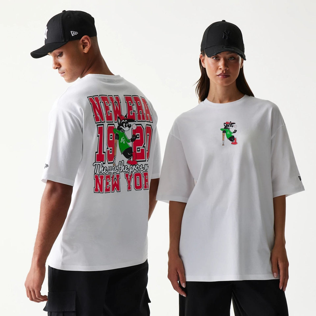New Era Baseball Cat Character Graphic White Oversized T-Shirt-zelvios