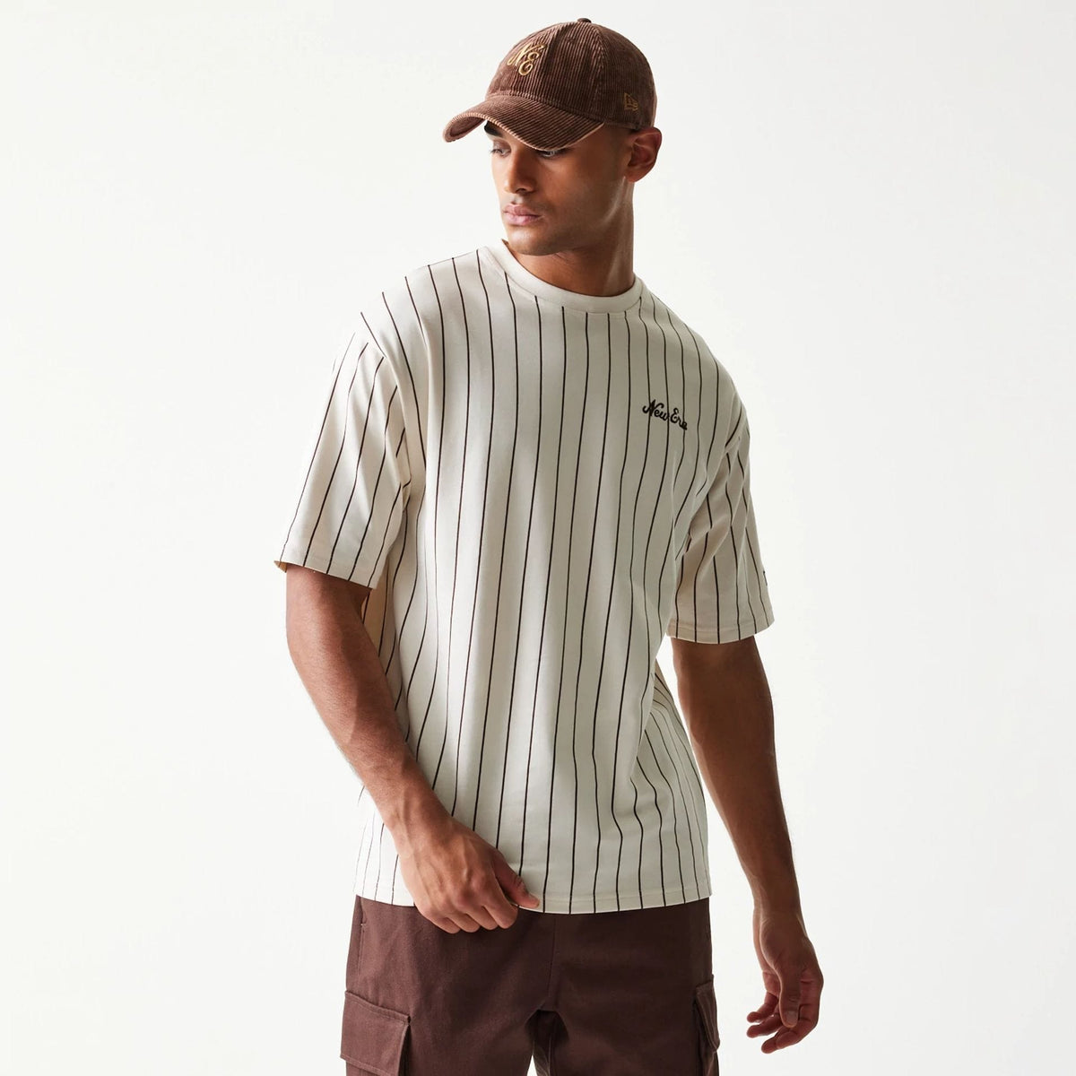 New Era Pinstripe Light Beige Oversized T-Shirt-zelvios