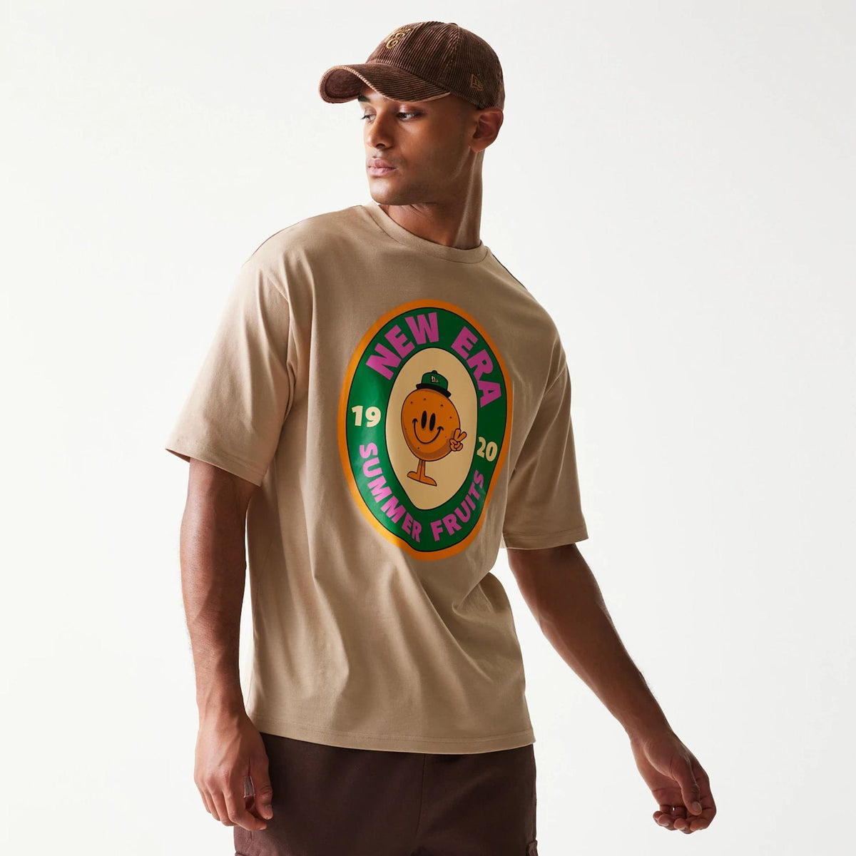 New Era Orange Fruit Graphic Light Beige Oversized T-Shirt-zelvios