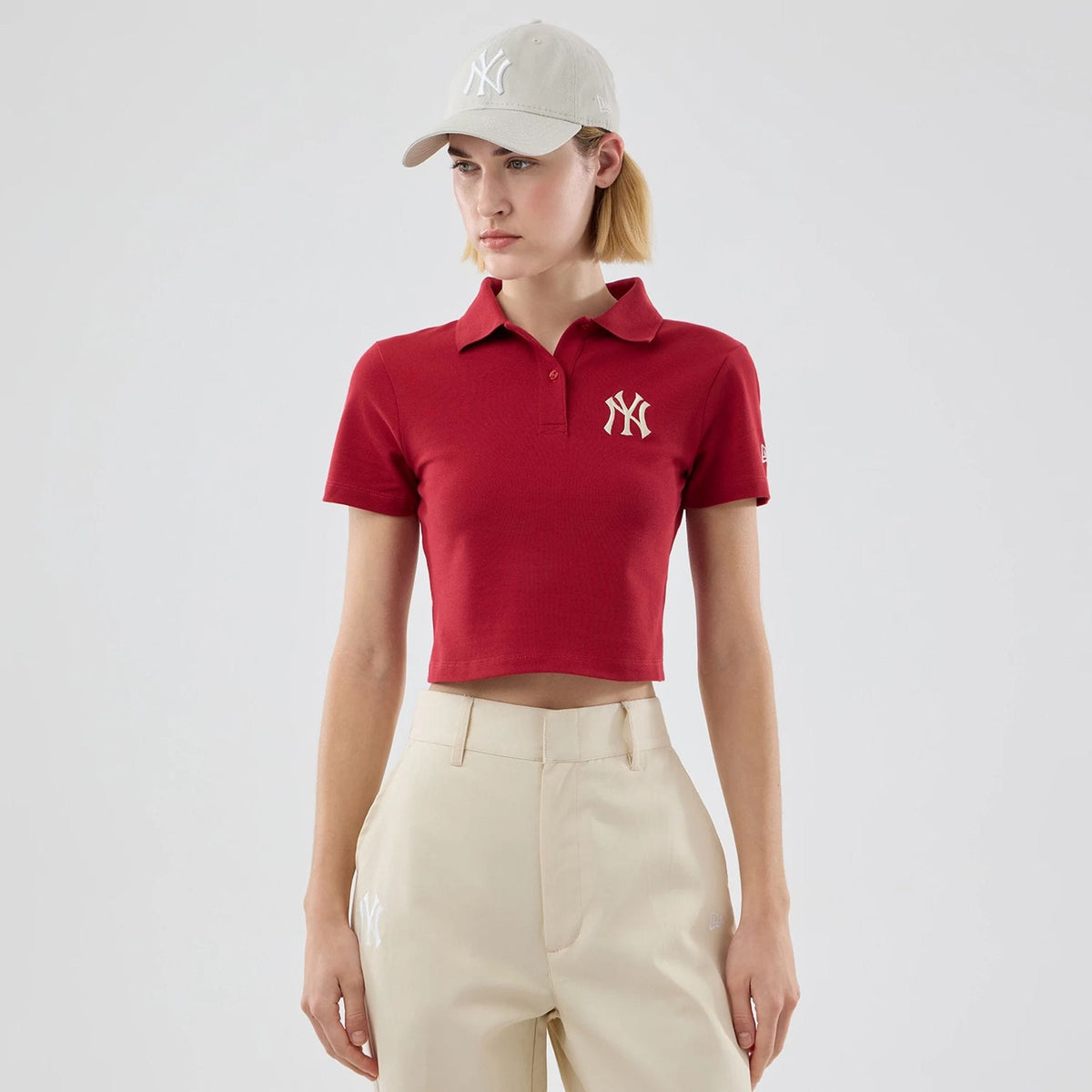 New York Yankees Womens MLB Dark Red Cropped Slim Polo T-shirt-zelvios
