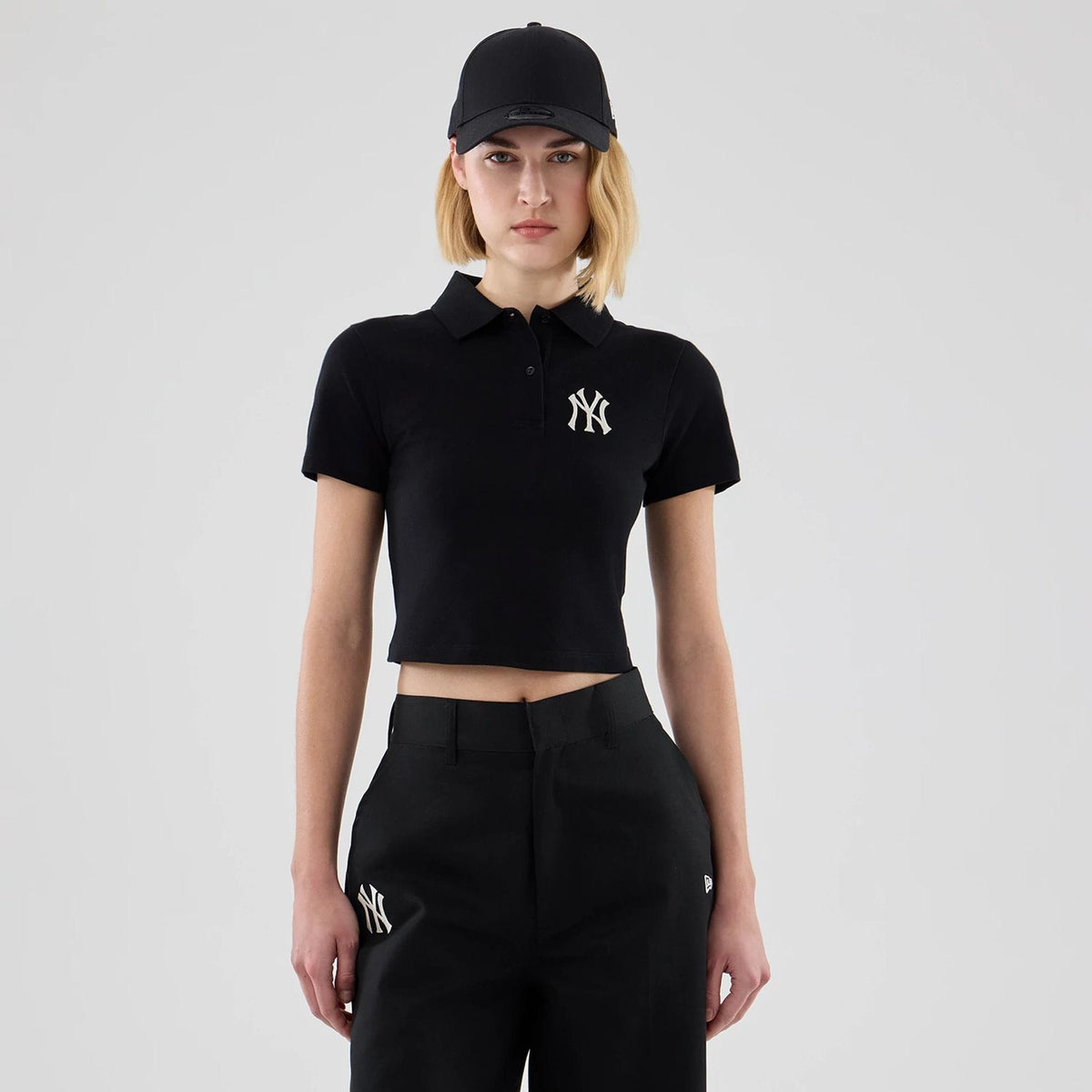New York Yankees Womens MLB Black Cropped Slim Polo T-shirt-zelvios